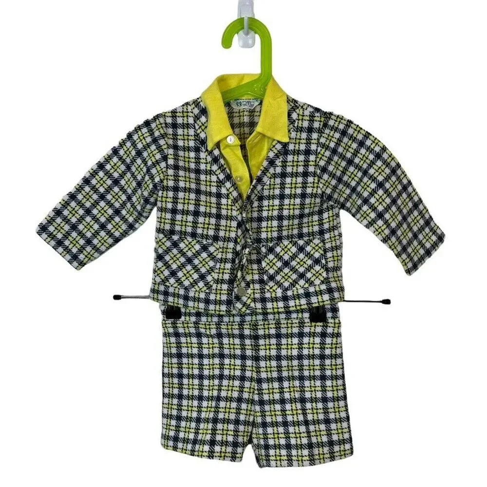 Japanese Plaid Short Suit Little Boy Toddler Vintage 60s 70s Blue Yellow Size 2